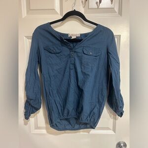 Women's Blue Long-Sleeve Henley Top with Button Placket 100% cotton